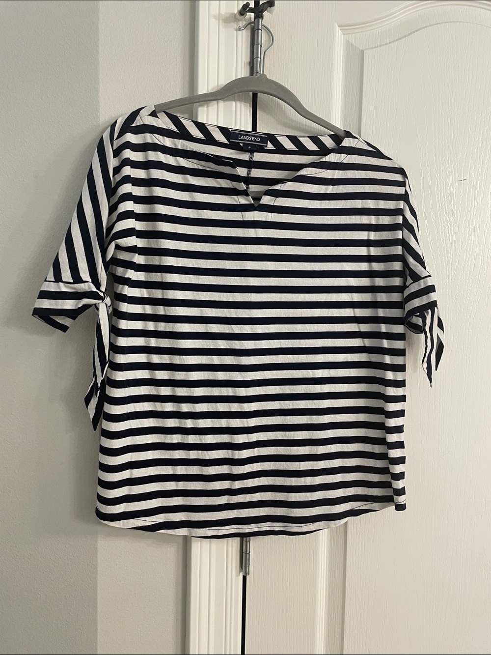 Lands' End Black and White Striped Short-Sleeve Tie-Sleeve Top